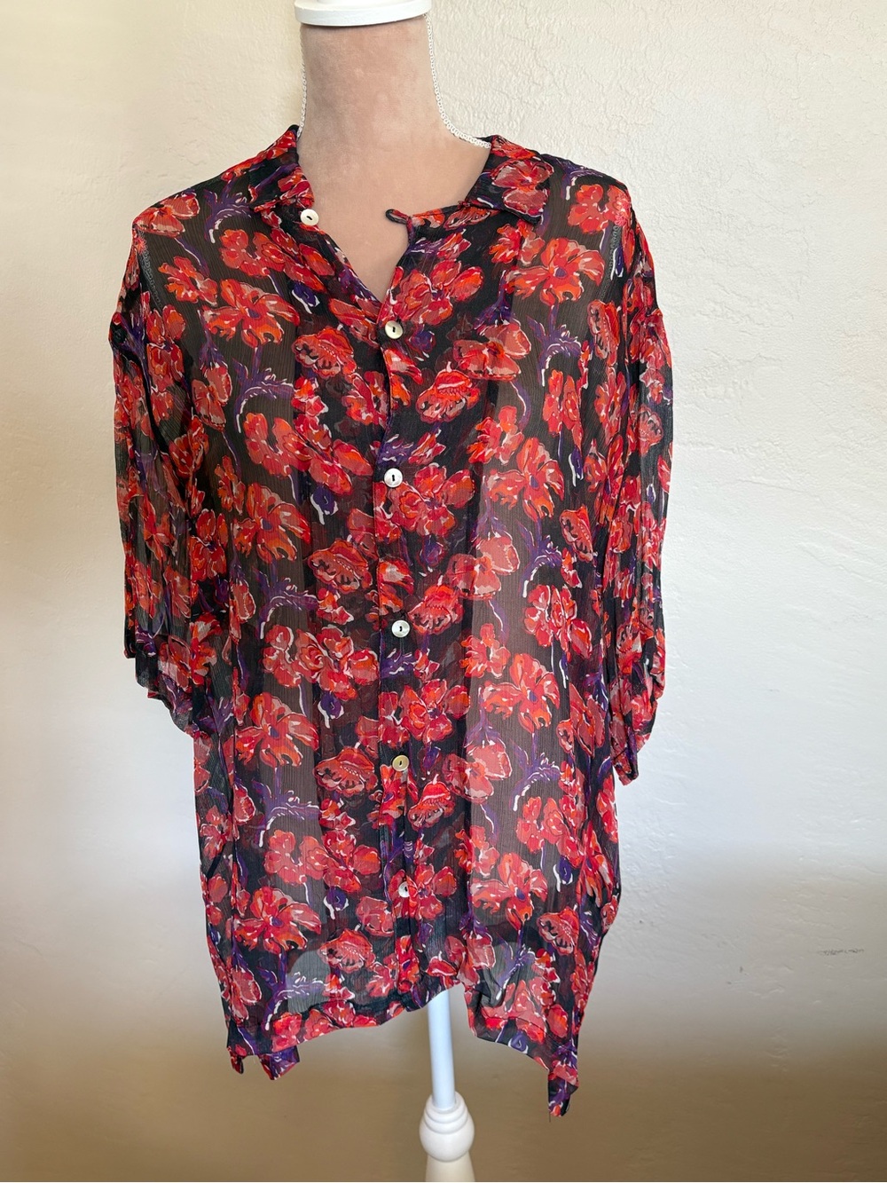 Natalie Martin Sheer Floral Button-Up in Red and Purple